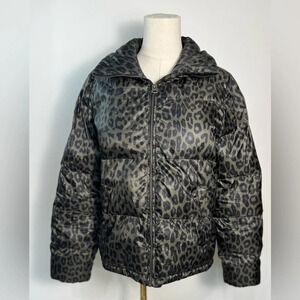 Lucky Brand Missy Leopard Olive Green Animal Printed Puffer Jacket Size Small